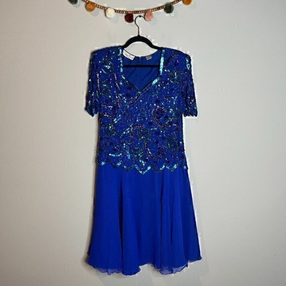 Vintage Laurence Kazar blue silk beaded dress